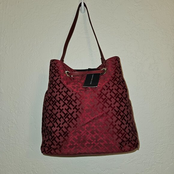 NWT Tommy Hilfiger Logo Rich Red "TH" Monogram Drawstring Bucket Handbag - Picture 8 of 14